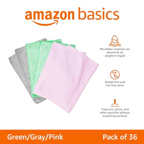 Amazon Basics Microfiber Cleaning Cloths, Ultra Absorbent, Scratch Free, Non-Abrasive, Reusable and Washable, All-Purpose, Car Detailing, 16" x 12", Green/Gray/Pink (Pack of 288) - color: Green/Gray/Pink, size: 288-Pack