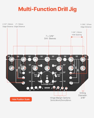 VEVOR Shelf Pin Jig and Hinge Jig Two-in-One, Aluminum Alloy Cabinet Hardware Hole Drilling Template with 1/4" and 3/16" Drill Bits, for Cabinet Doors Bookshelves Wardrobes Woodworking and DIY - size: Pro, style: Shelf Pin & Hinge Jig