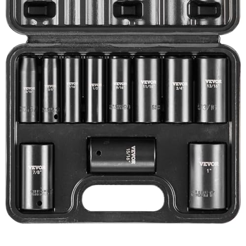 VEVOR 3/8" Drive Impact Socket Set, 11 Piece Deep Socket Set SAE 5/16"-1", 6 Point CR-V Alloy Steel for Auto Repair, Easy-to-Read Size Markings, Rugged Construction, Includes Storage Case - size: 3/8" 11PCS Deep