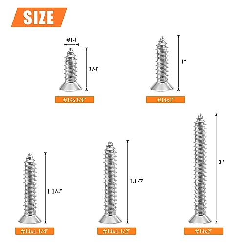 #14 x 3/4" 1" 1-1/4" 1-1/2" 2" Wood Screws Set, HELIFOUNER 52 Pieces Phillips Countersunk Head Self-Tapping Screws Assortment Kit, Phillips Flat Head Wood Screws, 304 Stainless Steel - size: #14