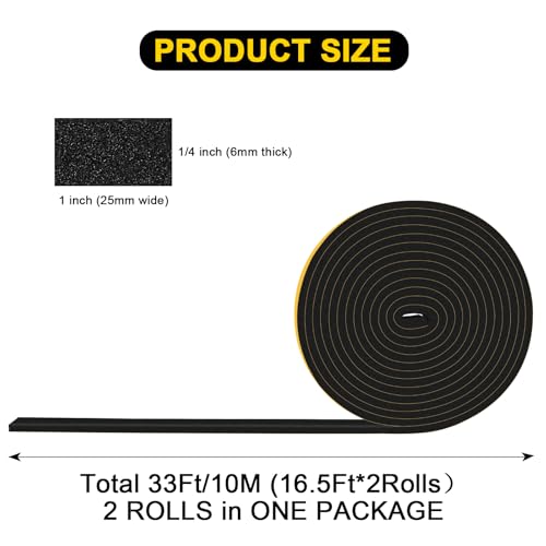 Weather Stripping Door Seal, 1x1/4in Foam Tape, Blocks Drafts, Dust - color: Black, size: 1 In x 1/4 In x 33Ft