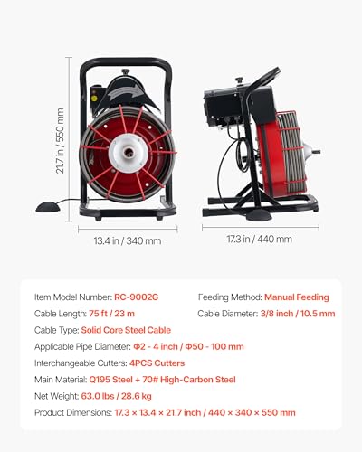 VEVOR Drain Cleaner Machine 75 FT x 3/8 Inch Sewer Snake Auger Manual Feed - style: 75 FT x 3/8''