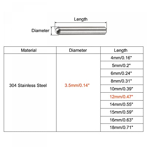 uxcell 3.5x12mm Dowel Pins, 50pcs 304 Stainless Steel Round Head Flat Chamfered End Dowel Pin Bunk Bed Pins Shelf Pegs Support Shelves Fasten Elements - size: 3.5x12mm