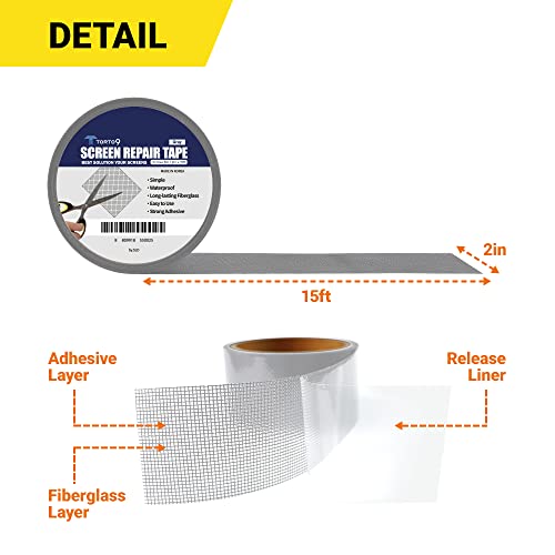 TORTO9 Window Screen Repair Kit, 3-Layer Strong Adhesive & Waterproof Tape Fiberglass Covering mesh (Gray, 2 Inch x 15 FT) - color: Gray, size: 2 Inch x 15 FT