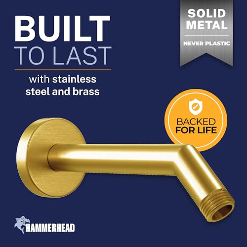 HammerHead® Solid Metal Shower Arm and Flange - 7.5 Inch 304 Stainless Steel Extension Pipe - Universal Shower Head Arm with Flange and Locking Screw, Brushed Gold - color: Brushed Gold