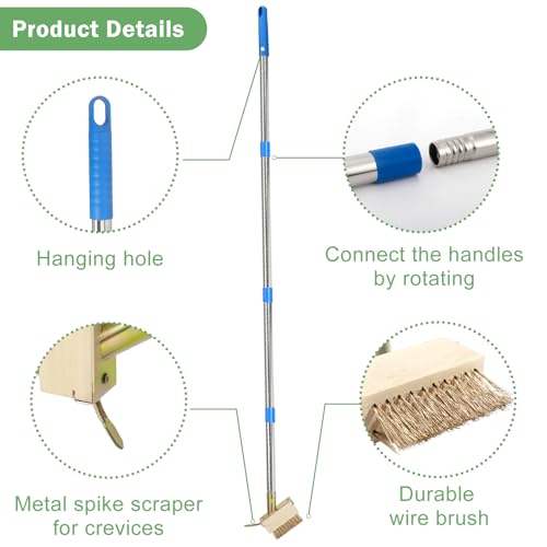 Crack Weeder, Moss Remover Tool, Manual Crevice Weeding Tool, Weed Puller Grout Brush with 66-inch Long Handle for Deck, Paver, Patio, Walkway, Driveway - 2 Weed Brush Heads 07