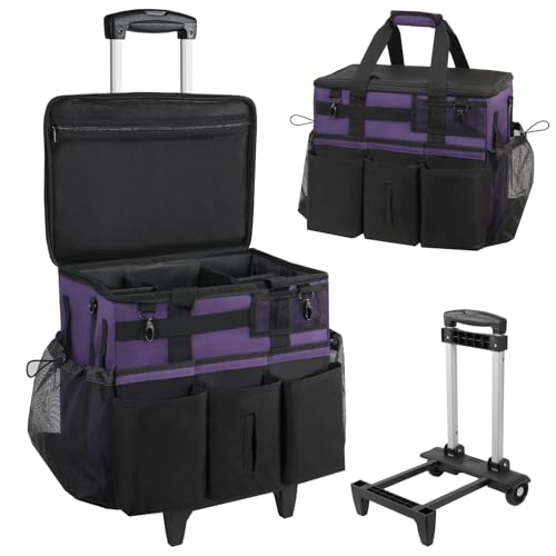 SCAVATA Rolling Cleaning Caddy Bag with Detachable Trolley, Large Cleaning Supplies Organizer with Wheels, Multi Pocket Cleaning Cart with Adjustable Shoulder Strap for Housekeeper & Home, GrapePurple - color: GrapePurple