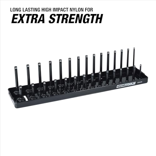 OEMTOOLS 22209 3/8" Metric Socket Organizer, 3/8 Socket Organizer for Deep and Shallow Sockets, Labeled Posts, Dual Rail, Holds 6 mm to 20 mm - size: 3/8"