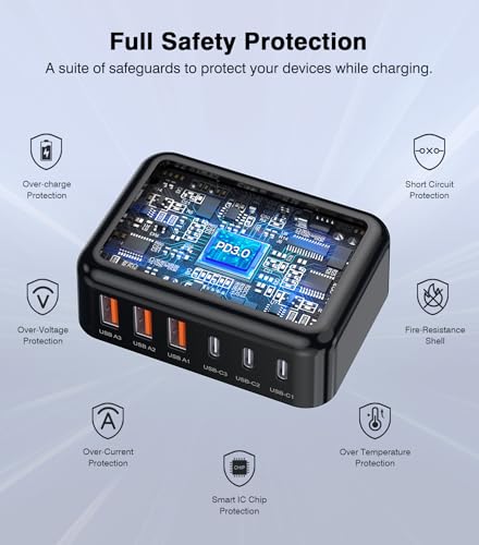 USB C Charger, Flat 100W Max 6-Port Fast Wall Charger Charging Station Hub - color: Black