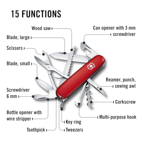 Victorinox Huntsman Swiss Army Knife, 15 Functions, Swiss Made Pocket Knife with Large Blade, Screwdriver, Scissors and Wood Saw - Red - color: Red, style: Single Knife