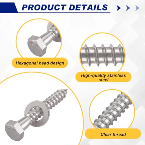 Zonon 50 Pcs 5/16-18 x 2" Hex Head Lag Bolts Screws with Washers, Silver - color: Silver, size: 5/16-18 x 2"