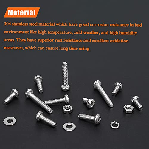 HELIFOUNER 500 Pieces M3 x 6mm /8mm /10mm /12mm /16mm /20mm, Phillips Pan Head Machine Screws, Metric Screws Bolts Washers Nuts Kit, 304 Stainless Steel - size: M3