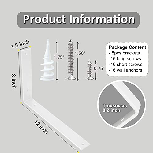 Shelf Brackets 12 Inch L Brackets for Shelves Heavy Duty White Wall Brackets for Shelves 5mm Thick Metal Bracket Support for Shelf with Screws - size: 12 Inch, style: White-8 Pack