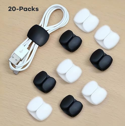 20-Pack Cable Storage and Organizer Clips – Versatile Wire & Charging Cable Management for Travel, Desk, and Home – Secure and Tidy Data Cable Holders – Black+White - color: Black/White