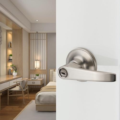 1 Pack of MANREN Lever Bathroom Door Lever Handle Lock, Universal Door Knob Hardware,Nickel Brushed Color (MR802bk) - color: Nickel Brushed, style: Bathroom
