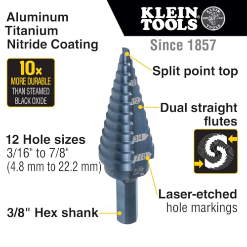 Klein Tools KTSBSPRO Premium 3-Piece Electrician's Step Bit Set with Cutting Oil, Modular Case, 3/8-Inch Hex Shank, Straight Double Fluted - size: 3-Piece Set, style: Standard