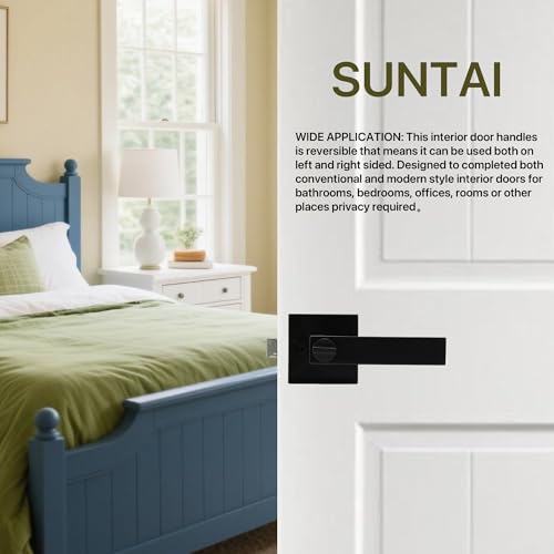 SUNTAI 8 Pack Matte Black Door Handles Privacy Door Levers Without Key, Bed and Bath Door Locks Interior Door Knobs, Reversible Flat Levers with Square Rosette - size: 8