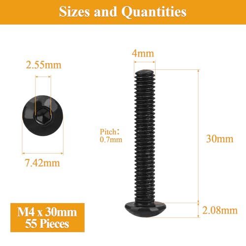 55 Pieces M4 x 30mm Button Head Socket Cap Screws, Thread Pitch 0.7mm, Sutemribor M4 Black Screws, 10.9 Grade Alloy Steel, Black Oxide Finish, Fully Threaded - size: M4 x 30mm, style: Button Head