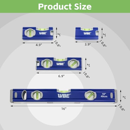 WBE 4-Piece Torpedo Level Set, Aluminium Alloy Magnetic Spirit Level Included 16", 7", 5", 4" Leveler with 180°/90°/45° Bubbles, Clear, Green.
