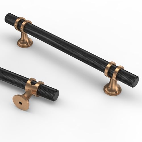 Asidrama 10 Pack 5 Inch(128mm) Knurled Matte Black and Champagne Bronze Kitchen Cabinet Handles, Cabinet Pulls Kitchen Cabinet Hardware Cupboard Handles Drawer Pulls - color: Black-Champagne Bronze, size: 5" Hole Center, style: 10 Pack