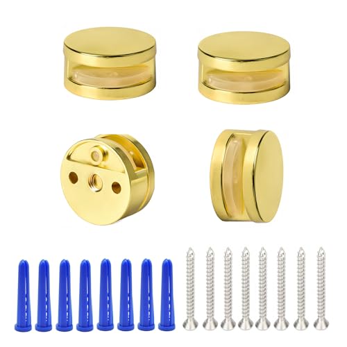 Gold Frameless Mirror Mounting Hardware Kit Round Shape Wall-Mounted Mirrors Bracket Glass Clips Bathroom Mirrors Supporting Shelf Clamps Fits for 3-5mm Thick Glass Gytovvvz(4 Pack