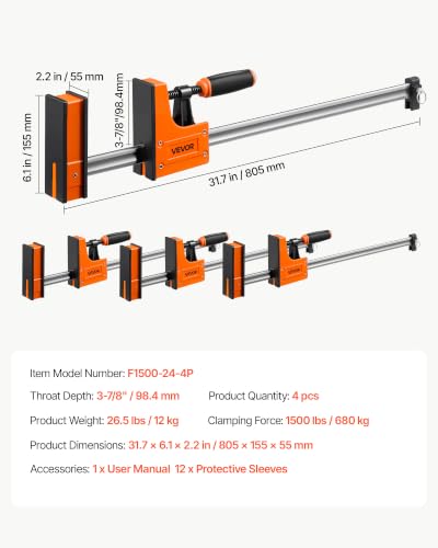 VEVOR Bar Clamps for Woodworking, 4-Pack, 24" Opening F Clamps, 1500 lbs Load Limit, Clamp/Spreader 2 Modes, Soft Rubber Pads, Ergonomic Handle, Carbon Steel Bar, for Wood Working and Metal Working - size: 24"(4 Pack), style: Heavy-Duty