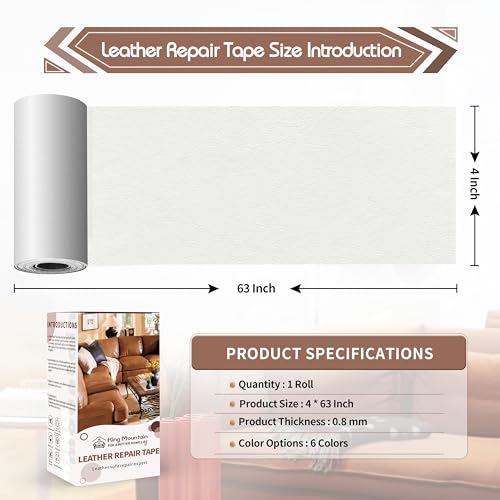 KING MOUNTAIN Leather Repair Patch,4 x 63 Inches self Adhesive Leather Repair Tape for Damaged Leather Furniture, Sofa Seating,Car Seats, Leather Goods（White） - color: White, size: 4" x 63"