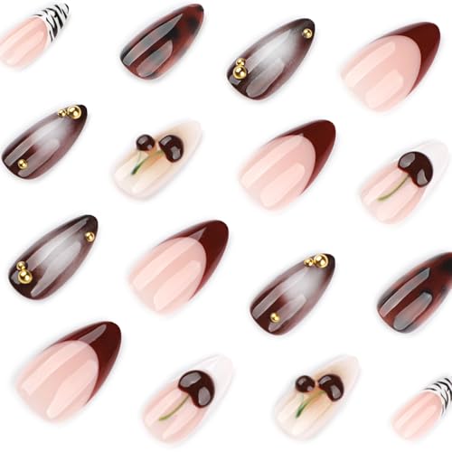 Mivota Medium Almond Press On Nails Leopard Cherry Zebra Design, Brown Nude Glossy Reusable Acrylic Look False Nails, Trendy Stylish Long-Lasting Fake Nail Set for Women 24PCS - color: 3D-65 Red White French Cherry