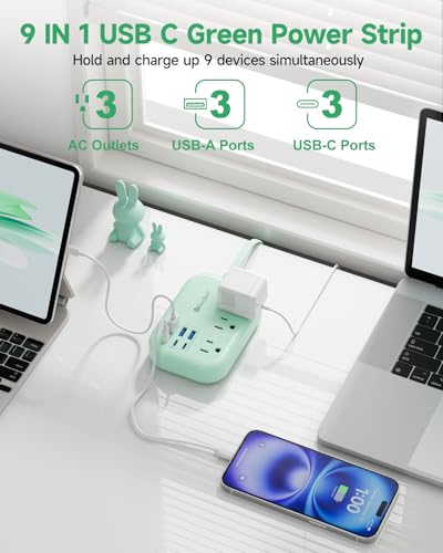 6 USB (3 USB C) Green Travel Power Strip, 5Ft Extension Cord, 3 Outlets - size: 5 FT(Green-24W)
