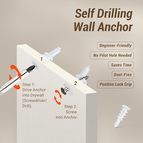 40Pcs Drywall Anchors and Screws Kit, Self Drilling Drywall Anchors Heavy Duty Holds 80lbs, No Drill Hole Required, #8 Phillips Head Screws Assortment Kit for Sheetrock/Plaster Walls(40)