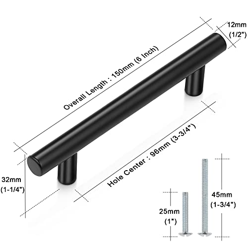 Probrico 30 Pack| 6 Inch Black Cabinet Handles with 3-3/4 Inch Hole Center Stainless Steel Cabinet Pulls Round T Bar Kitchen Cabinet Hardware Door Handles, Drawer Dresser Pulls，96mm Hole Centers - color: Black, size: hole center 3-3/4"