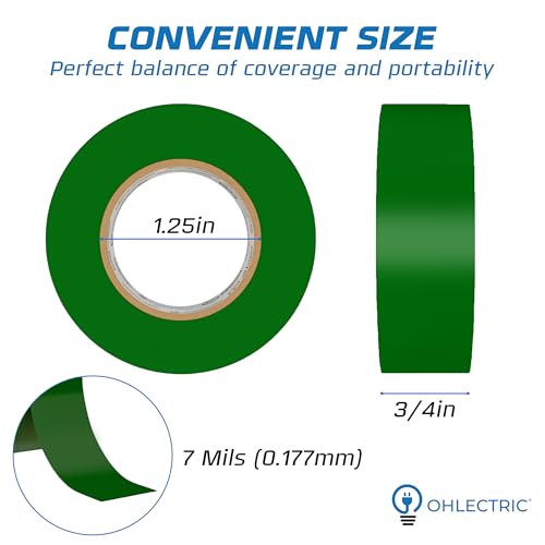 OHLECTRIC Professional Grade Vinyl Electrical Tape (10 Pack) Green - 7 Mil Thick Flame-Retardant, Heat & Weather Resistant 3/4 Inch x 60 Feet | Ideal for Contractors & Electricians - size: 10 Roll, style: Green