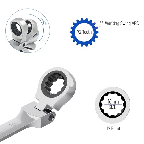 16mm Flex-Head Ratcheting Combination Wrench, 16mm Metric - size: 16mm