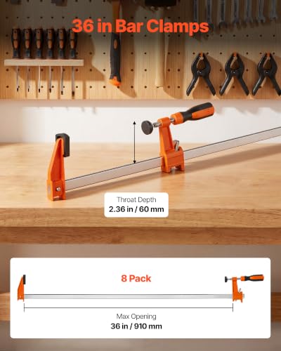 VEVOR Bar Clamps for Woodworking, 8-Pack, 36" Opening F Clamps, 600 lbs Load Limit, with Plastic Pad and Self-Locking Design, Premium Cast Iron and Carbon Steel, for Wood Working and Metal Working - size: 36"(8 Pack), style: Medium-Duty