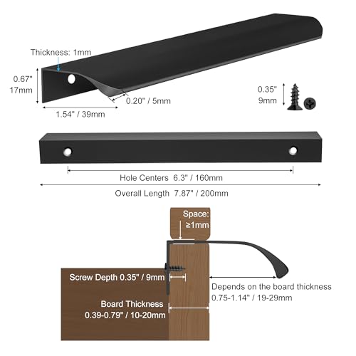 Malimali 5 Pack 7.87" Black Edge Finger Pulls for Cabinets, Drawer Pulls - color: Matte Black, size: 200mm/7.87" (5Pcs)