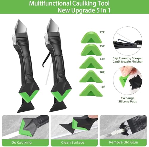 5 in 1 Silicone Caulk Remover Tool with 6 Replaceable Silicone Pads, Grout Scraper, Caulk Nozzles & Cleaning Tools, Reusable Sealant Finishing Tool for Kitchen Bathroom Window Tile Sink Seam Repair - size: 5 in 1 Caulk Remover Kit