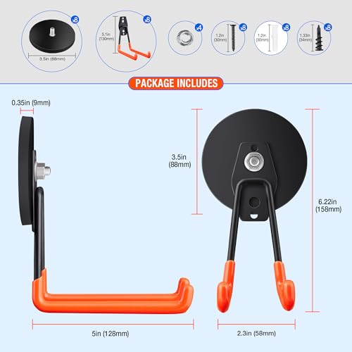 4PCS Large Strong Magnetic Hooks For Hanging Heavy Duty, 3.5in Neodymium Magnet Storage Utility Hooks, Industrial Magnet Hook, Steel Long Magnetic Holder Hanger Organizer For Garage Garden Power Tools - color: 3.5in Magnet-4 Pack Larger L Hooks-Orange