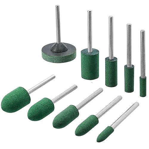 39 Pcs Rubber Polishing Drill Bits,Green Buffer Abrasive Bits Metal Polish Tips Rotary Tool Accessories Bullet Cylinder T Shape Rubber Wheel Bit 3 mm Mandrel