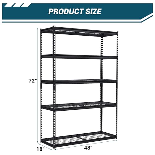 48x18x72 Inch Garage Shelving Heavy Duty, Storage Shelves 2500Lbs Capacity, Adjustable Metal Shelving Unit, 5 Tier Industrial Shelves for Basement Workshop - size: 48 x 18 x 72 inches