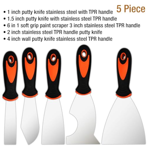 Putty Knife Set, 5 Pcs Size Paint Scraper, 1" 1.5" 2" 3" 4" - color: 5 Pack, Multi-size