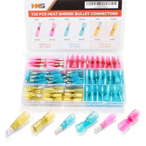 HKS 120PCS/60 Pairs Heat Shrink Bullet Connectors Kit – 22-10 AWG Male & Female Wire Terminals – Tinned Copper Crimp Connectors – Insulated Waterproof – for Automotive, Marine & Electrical Wiring - size: 10-22 AWG, style: Male&Female Bullet-120 pcs