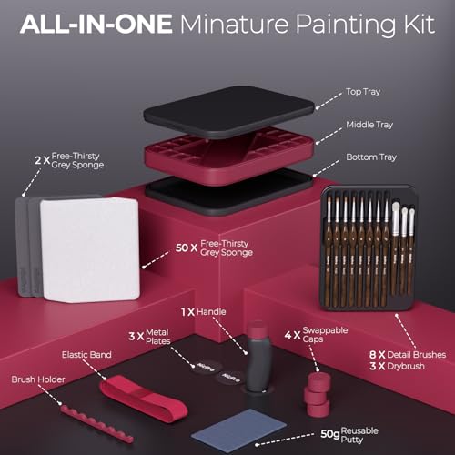 Nicpro Miniature Painting Kit with Wet Palette, Painting Handle & Brushes - color: Red & Black