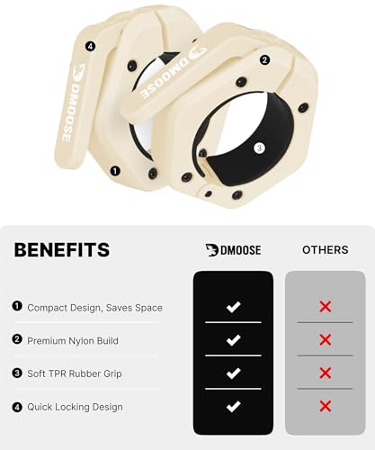 DMoose Fitness Barbell Clips 2 Inch (Pair) - Quick Release Olympic Barbell Clamps & Collars with Anti Slip TPR Grip for Secure Weightlifting and Powerlifting - Weight Clips for Bars at Home or Gym - color: Beige, style: Non Magnetic