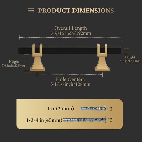 Haliwu 10 Pack Black and Gold Cabinet Pulls, 5 inch Kitchen Handles, Square Dresser Drawer Hardware - color: Black & Matte Gold, size: Hole Center Spacing：128mm (5-1/16 inch)