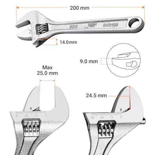 Jetech 8-Inch Adjustable Wrench - Professional Spanner Cr-V Steel Shifter Spanner with Metric Scale Wide Caliber Opening, for Home, Garage, Workshop and DIY - size: 8 Inch