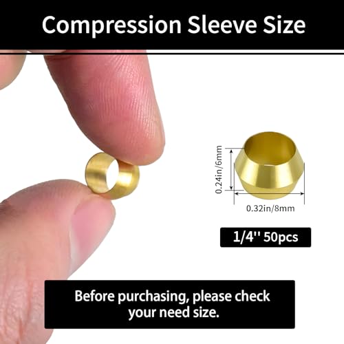 MuHize 50 Pcs Brass Compression Fitting, 1/4" Tube OD Sleeves Ferrules - color: 50 pcs, size: 1/4 Inch