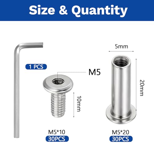 30 Sets M5 x 20mm Stainless Steel Furniture Joint Connector Bolts - size: M5 x 20-30 Sets