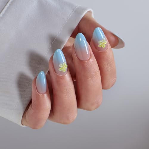 BTArtbox Press On Nails, Garden Party, Short Almond, Blue 3D Flower, 32Ct - color: A1-Garden Party
