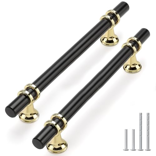 Rergy 10 Pack 5 Inch Hole Center Black and Gold Cabinet Handles - color: Black&Gold, size: 5-1/16in Hole Center(128mm)