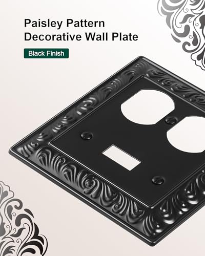 2-Pack Paisley Pattern Metal Combo Toggle/Duplex Light Switch Cover Plate | Decorative Wall Outlet Cover Plate, 2 Gang Metal Wall Plates for Electrical Outlets, Light Switch, Matte Black - color: Black, size: 1 Toggle/1 Duplex 2PK